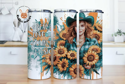 Love Peace & Country Music 20oz Skinny Tumbler Wrap, Western Cow Girl Floral Tumbler Design PNG, Sunflowers Tumbler Wrap Sublimation Rabbitmakies 