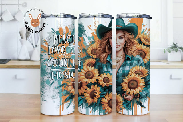 Love Peace & Country Music 20oz Skinny Tumbler Wrap, Western Cow Girl Floral Tumbler Design PNG, Sunflowers Tumbler Wrap Sublimation Rabbitmakies 