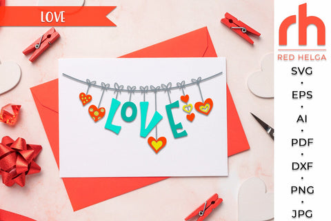 Love SVG, Valentine's Day Cut File, Hanging Ornament DXF, Hearts on a String Vector, Love Design, Valentine's Day Card SVG RedHelgaArt 