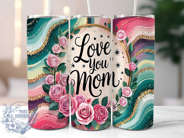 Love You Mom Pink Marble Tumbler, Pink Marble Tumbler, Floral Tumbler, 20oz Tumbler Wrap, Sublimation Design, Custom Mom Tumbler, Mother's Day Tumbler Sublimation ToriDesigns 