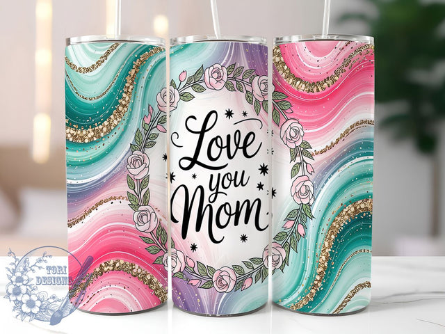Love You Mom Pink Marble Tumbler, Pink Marble Tumbler, Floral Tumbler, 20oz Tumbler Wrap, Sublimation Design, Custom Mom Tumbler, Mother's Day Tumbler Sublimation ToriDesigns 