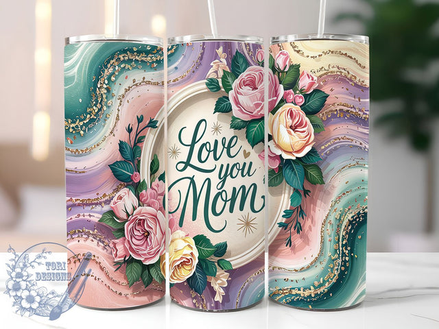 Love You Mom Pink Marble Tumbler, Pink Marble Tumbler, Floral Tumbler, 20oz Tumbler Wrap, Sublimation Design, Custom Mom Tumbler, Mother's Day Tumbler Sublimation ToriDesigns 