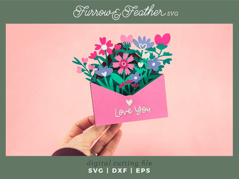 Love You Wildflower Envelope Card - Valentine's Day Card SVG 3D Paper Furrow and Feather SVG 