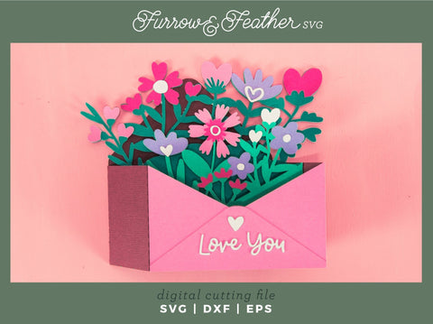 Love You Wildflower Envelope Card - Valentine's Day Card SVG 3D Paper Furrow and Feather SVG 