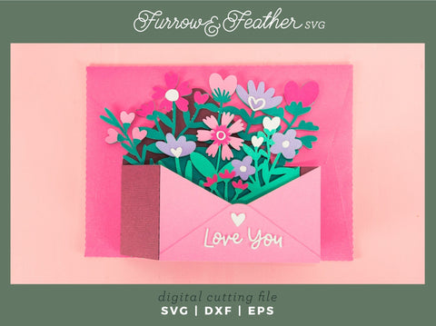 Love You Wildflower Envelope Card - Valentine's Day Card SVG 3D Paper Furrow and Feather SVG 