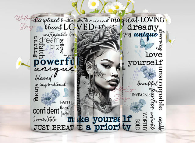 Love yourself Black Woman tumbler png wrap, Affirmations tumbler png, Black woman tumbler wrap, 20oz skinny png denim blue, Braids tattoos Sublimation WillowSageDesign 