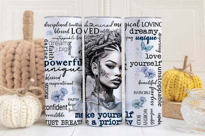 Love yourself Black Woman tumbler png wrap, Affirmations tumbler png, Black woman tumbler wrap, 20oz skinny png denim blue Sublimation BouDesign 