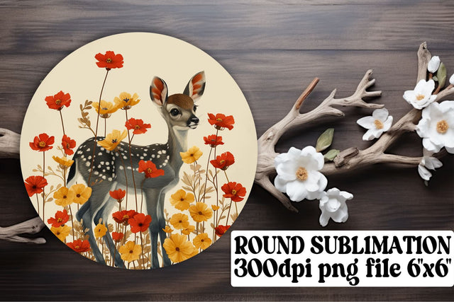 Lovely Deer & Flowers Keychain Round Design Sublimation Sublimation afrosvg 