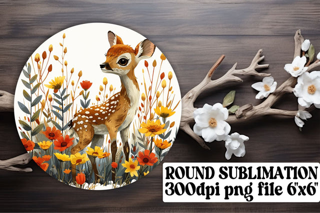Lovely Deer with Flowers Keychain Round Design Sublimation Watercolor Art Sublimation afrosvg 