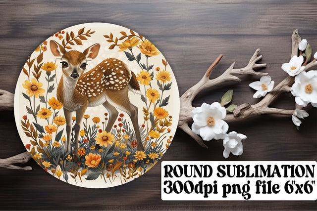 Lovely Deer with Flowers Keychain Sublimation Design Round Sublimation afrosvg 