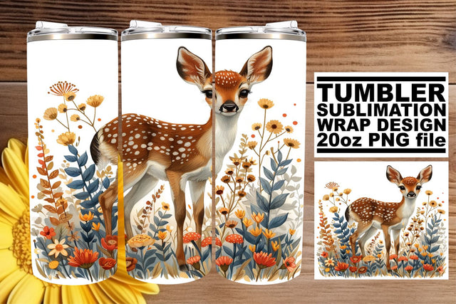 Lovely Deer with Flowers Sublimation Wrap 20oz Watercolor Sublimation afrosvg 