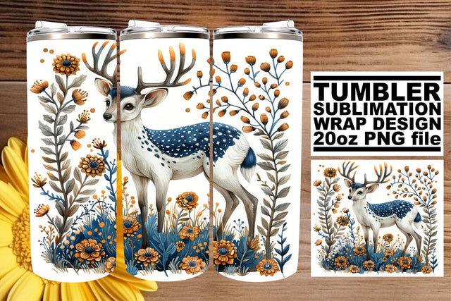 Lovely Deer with Flowers Tumbler Wrap 20oz Sublimation Watercolor Art Sublimation afrosvg 