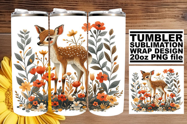 Lovely Deer with Flowers Tumbler Wrap 20oz Sublimation Watercolor Art Sublimation afrosvg 