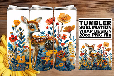 Lovely Deer with Flowers Tumbler Wrap Sublimation Design 20oz Sublimation afrosvg 