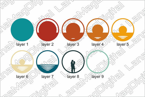 Loving couple and Retro sunset layered mandala svg Beach life svg 3D Paper LanaMagDigital 