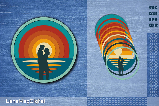 Loving couple and Retro sunset layered mandala svg Beach life svg 3D Paper LanaMagDigital 