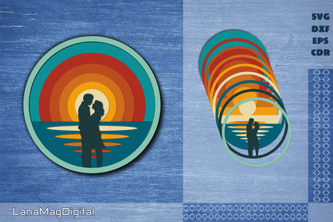 Loving couple and Retro sunset layered mandala svg Beach life svg 3D Paper LanaMagDigital 