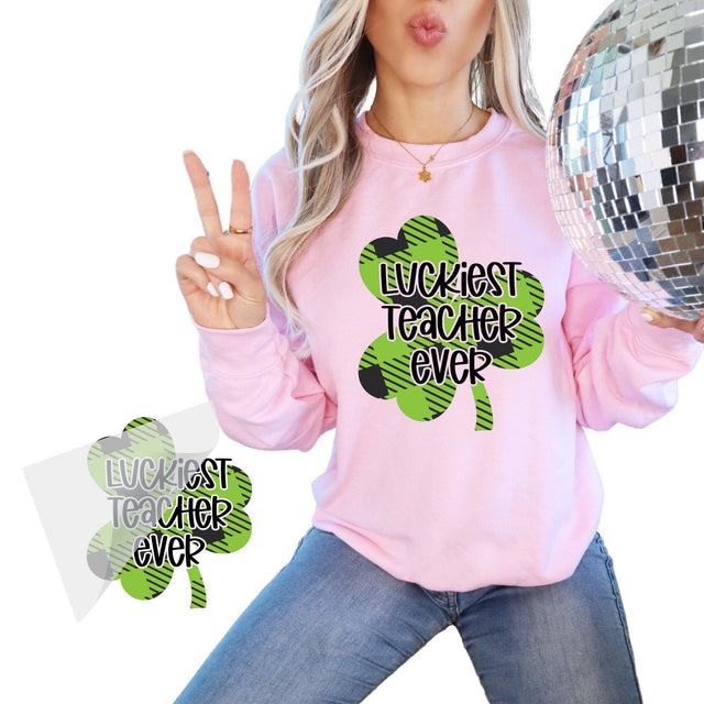 Luckiest Teacher St. Patrick's Day Iron On Transfer Physical So Fontsy T-Shirt Iron-On Transfer Shop 4x4