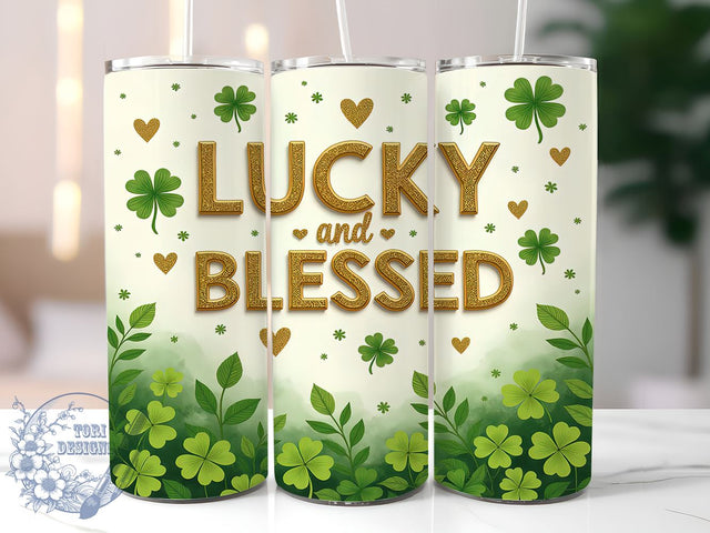 Lucky and Blessed 20oz Tumbler, St. Patrick's Day Gift, 20oz Tumbler Wrap, Sublimation Design, Irish Blessing Decor, Shamrock Art, Green Themed Gift Sublimation ToriDesigns 
