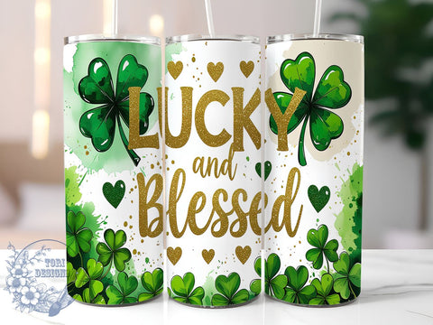 Lucky and Blessed 20oz Tumbler, St. Patrick's Day Gift, 20oz Tumbler Wrap, Sublimation Design, Irish Blessing Decor, Shamrock Art, Green Themed Gift Sublimation ToriDesigns 