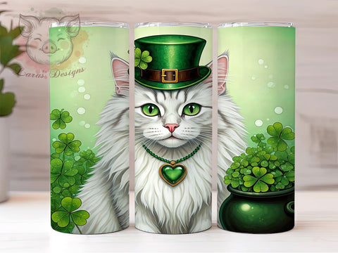 Lucky Cat St. Patrick's 20oz Tumbler, Cat Tumbler, 20oz Tumbler Wrap, Sublimation Design, Irish Cat, Green Drinkware, Lucky Cat Tumbler Sublimation Lara' s Designs 