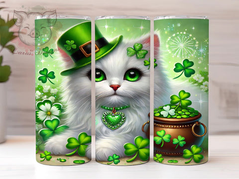 Lucky Cat St. Patrick's 20oz Tumbler, Cat Tumbler, 20oz Tumbler Wrap, Sublimation Design, Irish Cat, Green Drinkware, Lucky Cat Tumbler Sublimation Lara' s Designs 