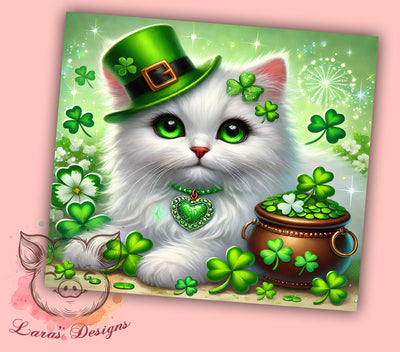 Lucky Cat St. Patrick's 20oz Tumbler, Cat Tumbler, 20oz Tumbler Wrap, Sublimation Design, Irish Cat, Green Drinkware, Lucky Cat Tumbler Sublimation Lara' s Designs 