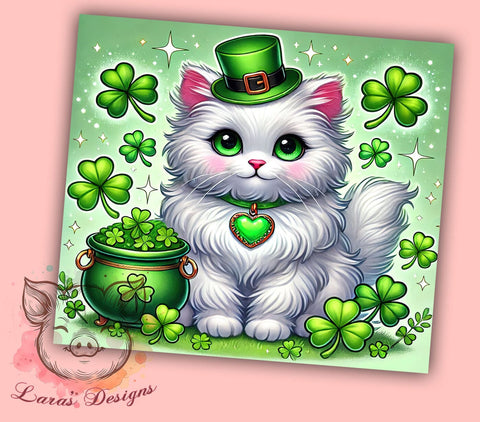 Lucky Cat St. Patrick's 20oz Tumbler, Cat Tumbler, 20oz Tumbler Wrap, Sublimation Design, Irish Cat, Green Drinkware, Lucky Cat Tumbler Sublimation Lara' s Designs 