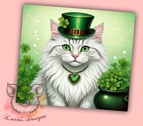 Lucky Cat St. Patrick's 20oz Tumbler, Cat Tumbler, 20oz Tumbler Wrap, Sublimation Design, Irish Cat, Green Drinkware, Lucky Cat Tumbler Sublimation Lara' s Designs 