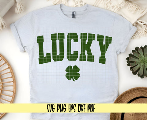 Lucky Curved Varsity Design in White and Green with a 4-Leaf Clover - Digital Cut File for Cricut - SVG PNG PDF DXF EPS SVG DigitalDesigns365 