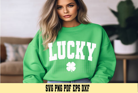 Lucky Curved Varsity Design in White and Green with a 4-Leaf Clover - Digital Cut File for Cricut - SVG PNG PDF DXF EPS SVG DigitalDesigns365 