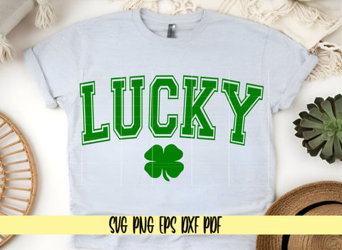 Lucky Curved Varsity with 4 Leaf Clover in White and Green - Saint Patty's Day Design - Digital Cut File for Cricut - SVG PNG PDF DXF EPS SVG DigitalDesigns365 