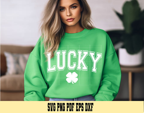 Lucky Curved Varsity with 4 Leaf Clover in White and Green - Saint Patty's Day Design - Digital Cut File for Cricut - SVG PNG PDF DXF EPS SVG DigitalDesigns365 