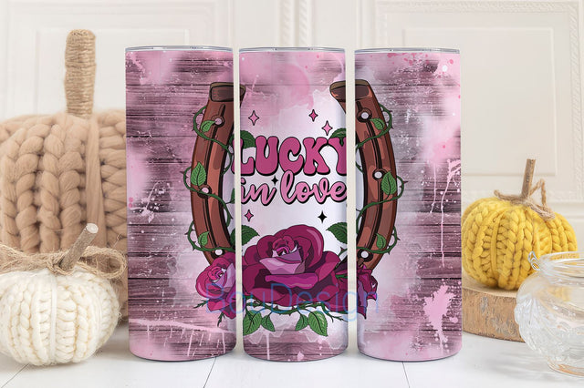 Lucky In Love, Hearts Valentines Day Tumbler, Western Valentine, Sublimation Design, 20oz Skinny Tumbler Wrap Template PNG, Seamless Tumbler Sublimation BouDesign 