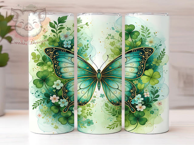 Lucky Shamrock Butterfly Tumbler, Seamless St. Patrick’s Tumbler, Stylish 20oz Wrap, Sublimation Design, Trendy Gift Idea, Irish Butterfly Wrap, Lucky Shamrock Tumbler Sublimation Lara' s Designs 