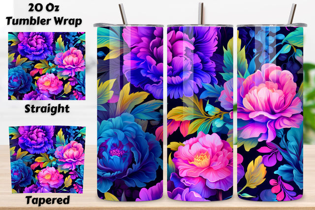 Luminous Garden Tumbler Wrap, Seamless Neon PNG, Floral, 3D Neon Floral Fantasy Tumbler wrap, Seamless Wrap PNG Sublimation FloridPrintables 