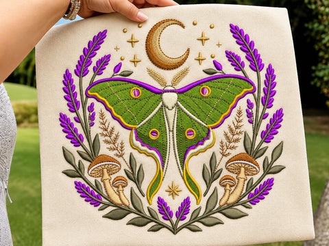 Luna Moth Embroidery Design, Crescent Moon and Lavender Flowers, Mushroom Botanical Pattern, Celestial Woodland, Machine Embroidery Download Embroidery/Applique DESIGNS DesignDestine 