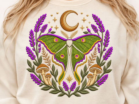 Luna Moth Embroidery Design, Crescent Moon and Lavender Flowers, Mushroom Botanical Pattern, Celestial Woodland, Machine Embroidery Download Embroidery/Applique DESIGNS DesignDestine 