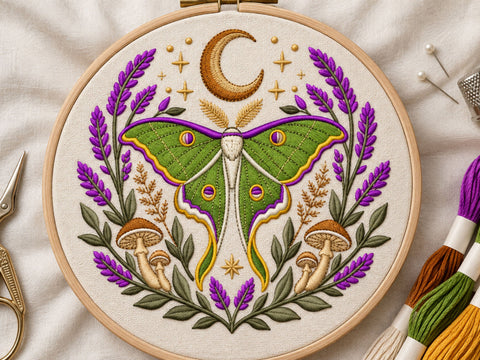 Luna Moth Embroidery Design, Crescent Moon and Lavender Flowers, Mushroom Botanical Pattern, Celestial Woodland, Machine Embroidery Download Embroidery/Applique DESIGNS DesignDestine 