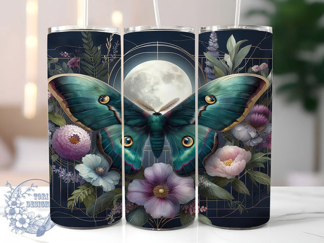 Luna Moth & Moon Boho Tumbler Wrap, Full Moon Tumbler Design, Celestial Tumbler Wrap, Floral Moon Tumbler, 20oz Sublimation Wrap, Moth and Moon Design, Boho Tumbler Wrap Sublimation ToriDesigns 