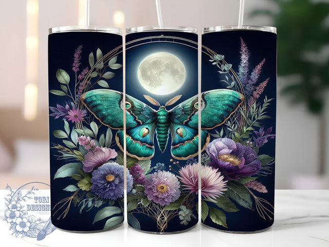 Luna Moth & Moon Boho Tumbler Wrap, Full Moon Tumbler Design, Celestial Tumbler Wrap, Floral Moon Tumbler, 20oz Sublimation Wrap, Moth and Moon Design, Boho Tumbler Wrap Sublimation ToriDesigns 