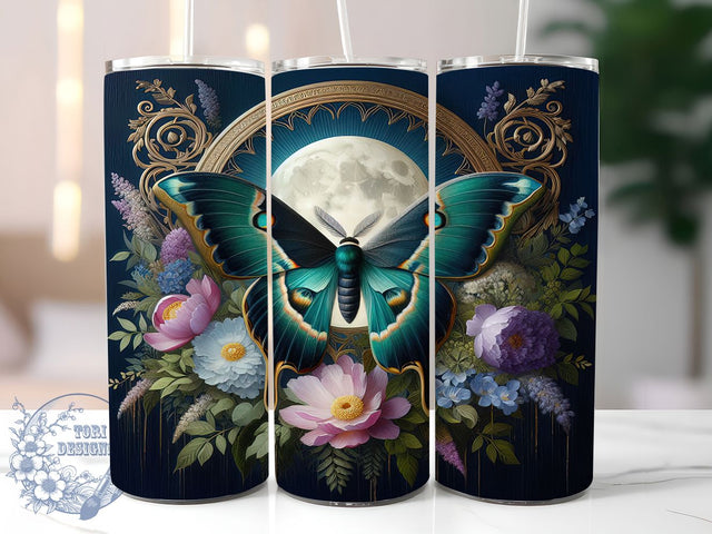 Luna Moth & Moon Boho Tumbler Wrap, Full Moon Tumbler Design, Celestial Tumbler Wrap, Floral Moon Tumbler, 20oz Sublimation Wrap, Moth and Moon Design, Boho Tumbler Wrap Sublimation ToriDesigns 