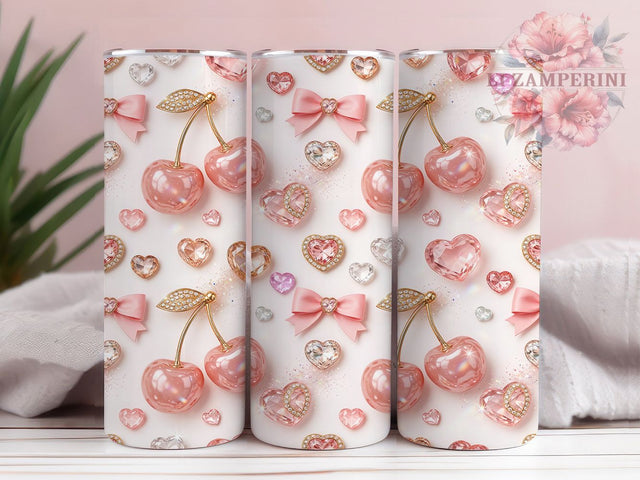 Luxury Kawaii Cherry Hearts 20oz Tumbler, Kawaii Cherry, Luxury Hearts, Cute Theme, Sublimation Wrap, 20oz Tumbler, Pastel Aesthetic, Romantic Charm Sublimation Li Zamperini 