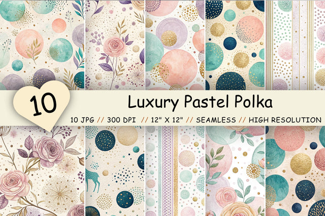 Luxury Pastel Polka Dots Pattern, Seamless Digital Paper Bundle Pack, Printable Scrapbook Paper, Gold Glitter Dot Design Collection Digital Pattern FloridPrintables 