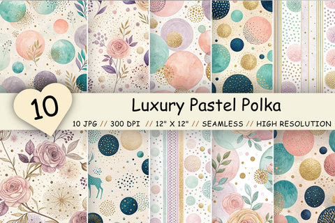 Luxury Pastel Polka Dots Pattern, Seamless Digital Paper Bundle Pack, Printable Scrapbook Paper, Gold Glitter Dot Design Collection Digital Pattern FloridPrintables 
