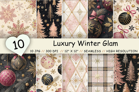 Luxury Winter Glam Digital Paper Pack, Seamless Pattern Bundle, Printable Scrapbook Paper, Pink Gold Elegant Design Collection Digital Pattern FloridPrintables 
