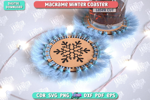 Macrame Winter Coaster Laser Cut | Snowflake | Christmas Coasters | Cup Coasters | Festive Table | Kitchen Decor | Holiday | CNC File SVG The T Store Design 