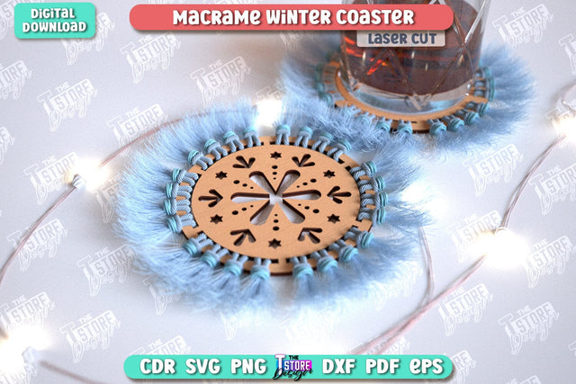 Macrame Winter Coaster Laser Cut | Snowflake | Christmas Coasters | Cup Coasters | Festive Table | Kitchen Decor | Holiday | CNC File SVG The T Store Design 