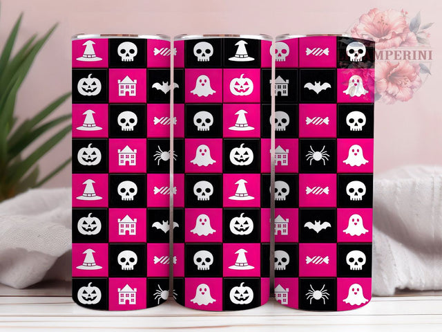 Magenta Halloween Grid 20oz Tumbler, Magenta Theme, Halloween Motif, Grid Pattern, Spooky Style, Festive Aesthetic, Skinny Tumbler, Sublimation PNG Sublimation Li Zamperini 