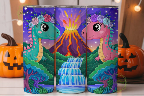 Magical Dino Volcano Tumbler Wrap PNG Sublimation PixelChick 
